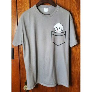 Cute Pocket Puppy Toy Dog Pocket Graphic T-Shirt Gray Cotton Unisex Casual Top L